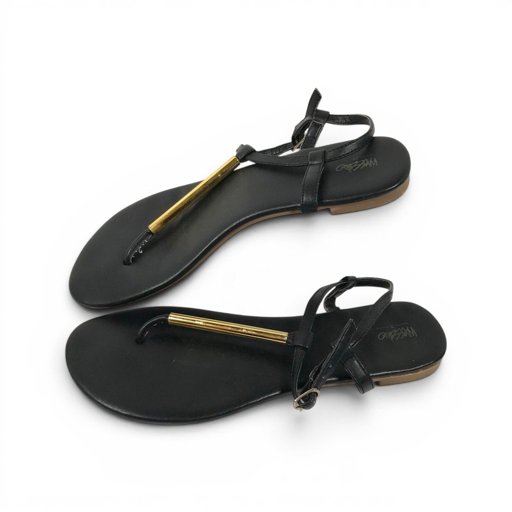 Mossimo Black T-Strap Flat Sandals Gold Hardware Ankle Strap Womens Size 7.5